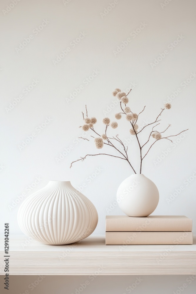 Poster soft, curved shapes of ceramic vases complement the delicate branches, creating a calm and serene en