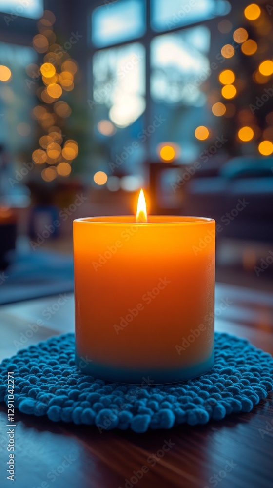 Poster a beautiful flickering candle sits on a textured mat, illuminating a cozy room filled with warm ligh