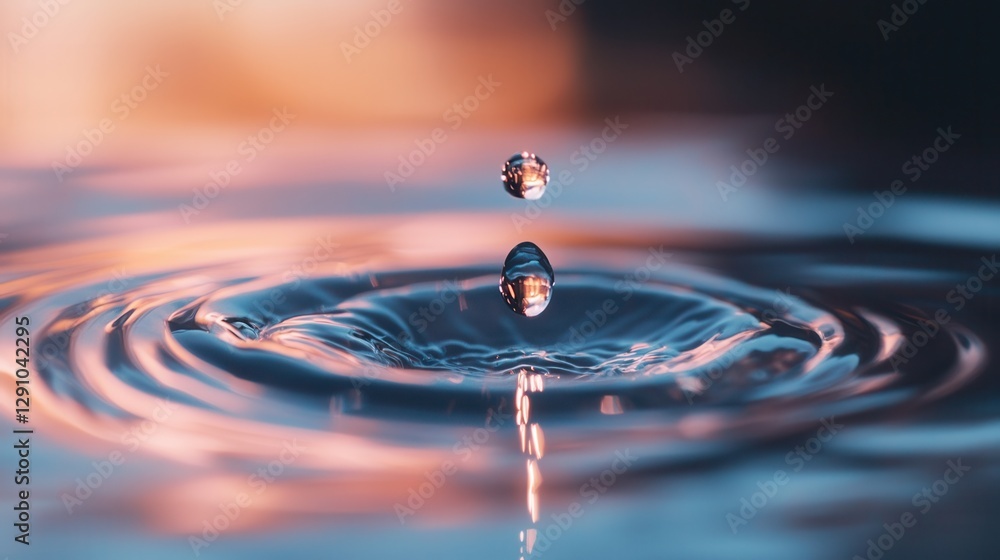 Poster a close-up of a water droplet falling into a pool, creating ripples that reflect soft colors and lig