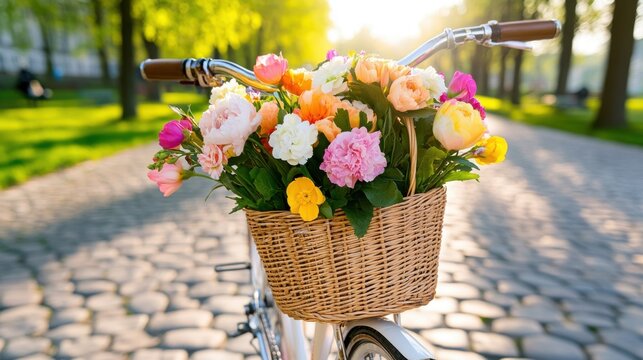 Charming vintage bicycle with a wicker basket filled with colorful flowers in a sunlit park during springtime