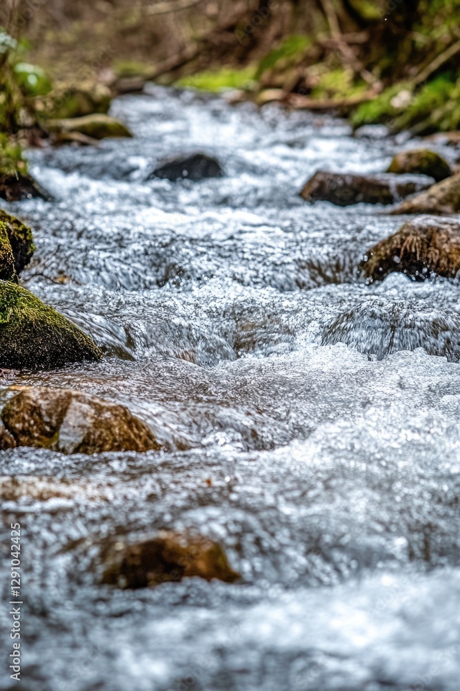 Poster a serene and peaceful scene of a stream flowing through a dense and vibrant forest