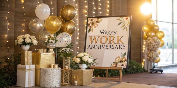 A festive work anniversary setup featuring balloons, flowers, and golden decorations, creating a celebratory atmosphere.