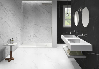 3D Rendering of Modern Bathroom Interior with Walk-in Shower, Suspended Double Vanity, and Marble Finishes