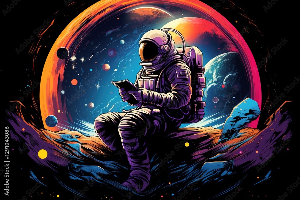 Wall mural astronaut in a spacesuit and helmet sits on rocks and reads a book with colorful galaxy on backgroun