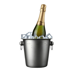 Chilled Champagne Elegance: A Luxury Bottle in a Frosted Metal Bucket with Glimmering Ice Cubes, Floating on a Clean Transparent Background