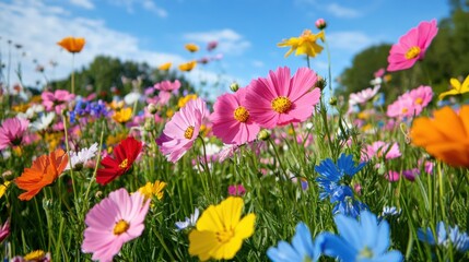 Fototapeta premium Vibrant wildflowers bloom in a wind-swept meadow under a clear blue sky in springtime