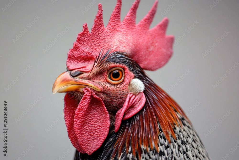 Poster close-up shot of a rooster with vibrant red comb feathers