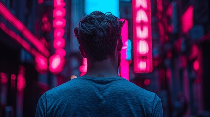 Obraz premium Man walking city night neon lights background, urban exploration