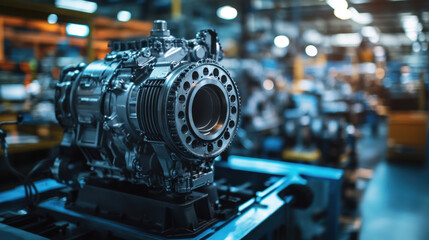 Fototapeta premium Skilled technicians assemble a high-tech gas engine in a modern manufacturing plant, emphasizing precision and innovation in engineering