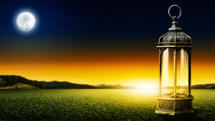 Traditional glowing Arabic lantern on the field with night scene background. Copy space. Concept of...