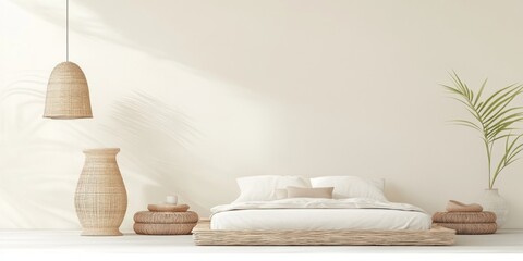 This spacious bedroom showcases a minimalist aesthetic with a low bed, warm textures, and natural lighting filtered through a soft color palette