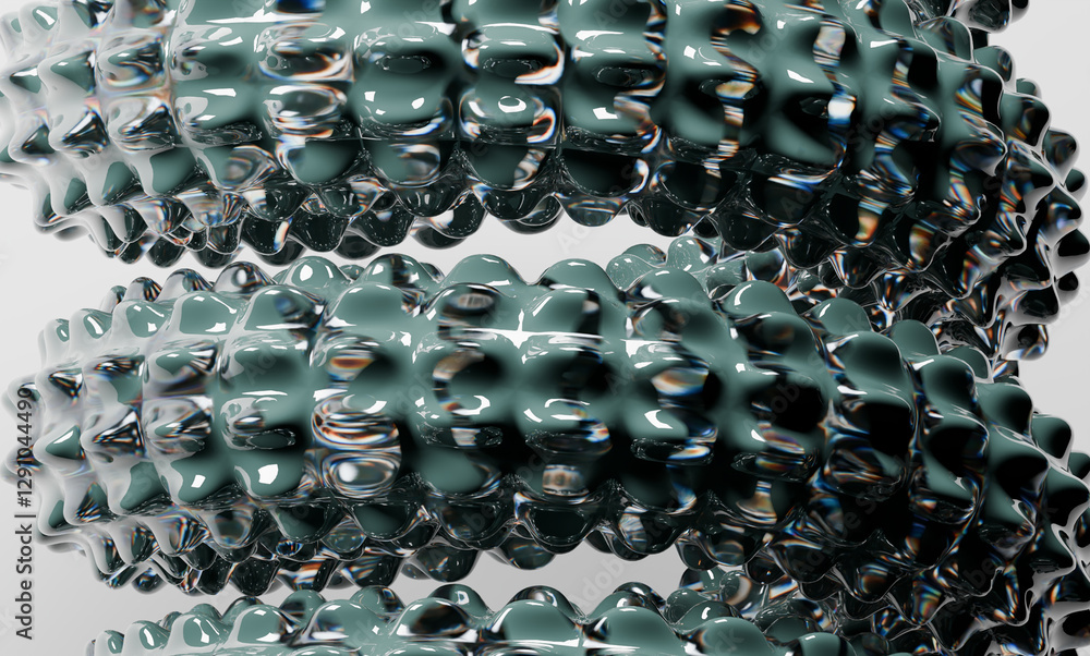 Poster abstract 3d render of green and transparent interwoven textured loops with reflective surfaces