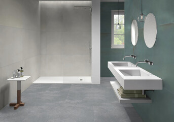 3D Rendering of Contemporary Bathroom Interior with Walk-in Shower, Dual Vanity, and Modern Finishes