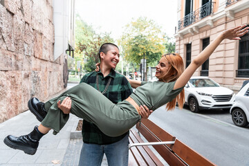 Colombian lesbian couple embracing love and diversity outdoors