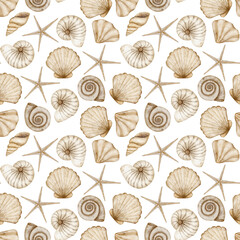 Watercolor pattern underwater beige seashells. Seamless marine pastel print. Hand drawn illustrations in vintage style starfish spiral scallop on background for textile design fabric clothes wallpaper