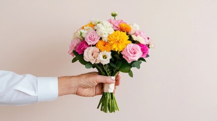 Elderly man hands a colorful bouquet of flowers with care in a soft, neutral setting