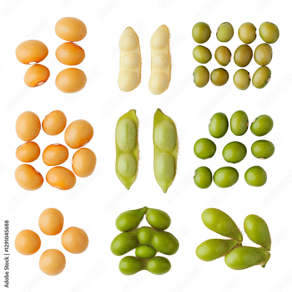 Poster an isolated view of different soybean varieties showcasing color and texture on a subtle background,