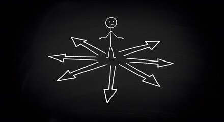 Chalkboard-Style Stick Figure Surrounded by Arrows – Multiple Choices and Decision-Making Concept