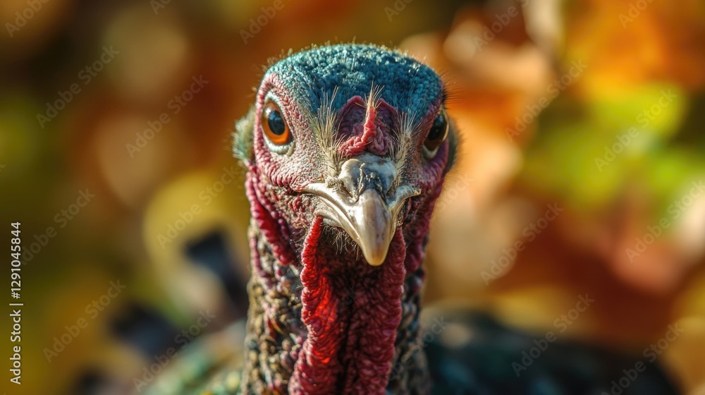 Poster close-up view of a turkey's head with a blurred background