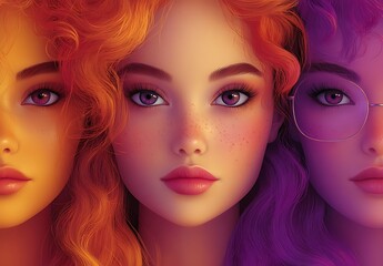 Obraz premium Close Up Portrait of Three Girls with Dramatic Curls and Expressive Makeup in Vibrant Orange and Purple Hues