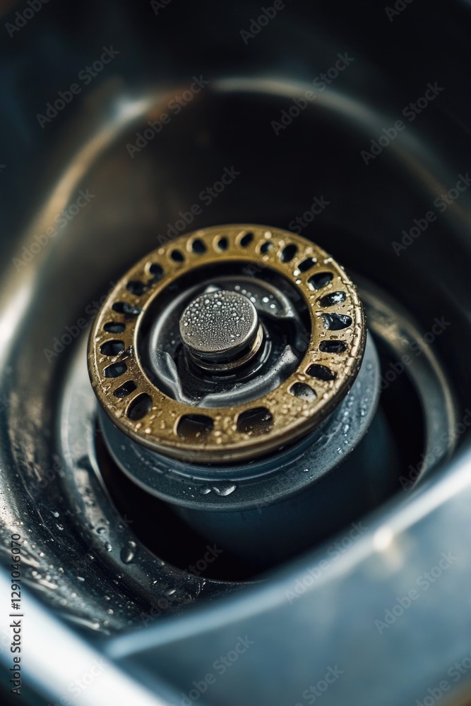 Poster close-up view of a metal sink with a functional drain, ideal for use in interior design or architect