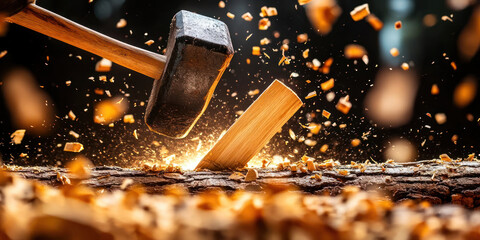 heavy duty hammer striking wooden wedge, creating flying wood chips and sparks. scene captures power and energy of woodworking