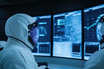 Astronauts analyze data in high-tech control room with glowing s