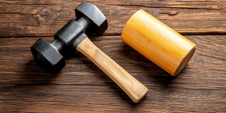 Heavy duty hammer and wooden mallet on rustic wooden surface, perfect for craftsmanship