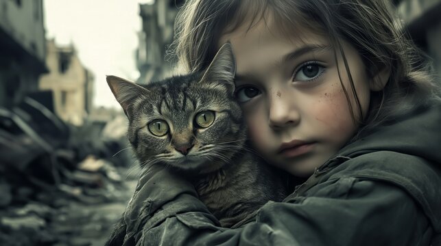 Ein M&auml;dchen umarmt eine Katze inmitten zerst&ouml;rter Umgebung. Ihre Blicke spiegeln eine stille Verbundenheit.