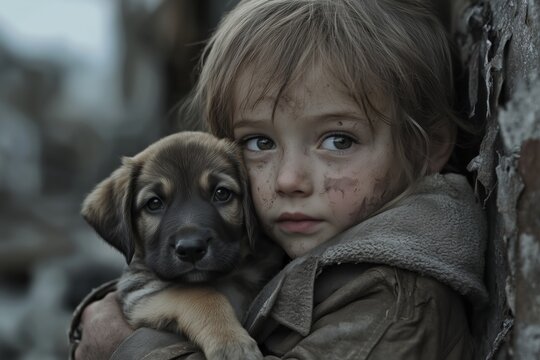 Ein Kind h&auml;lt sch&uuml;tzend einen jungen Hund im Arm. Die Umgebung wirkt trostlos und von Unruhe gezeichnet.
