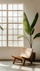 Natural light fills a minimalist interior showcasing a contemporary chair and tall indoor plants, creating a serene and inviting atmosphere for relaxation