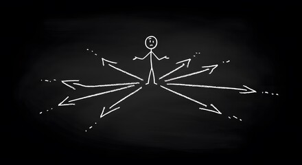 Chalkboard-Style Stick Figure Surrounded by Arrows – Multiple Choices and Decision-Making Concept