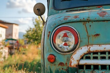 A rusty old green truck is parked in a green field, surrounded by nature