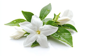 A delicate white jasmine flower with green leaves, isolated
