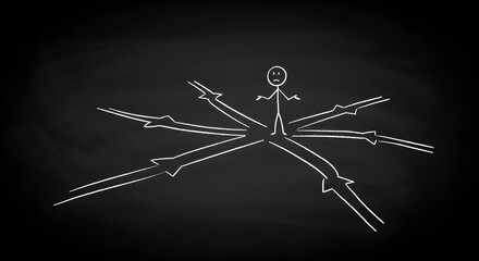 Chalkboard-Style Stick Figure Surrounded by Arrows – Multiple Choices and Decision-Making Concept