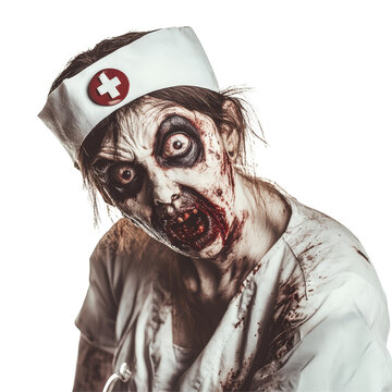 A horrorthemed portrayal of a zombie nurse with a chilling expression on a stark transparent background, Zombie nurse isolated on transparent background