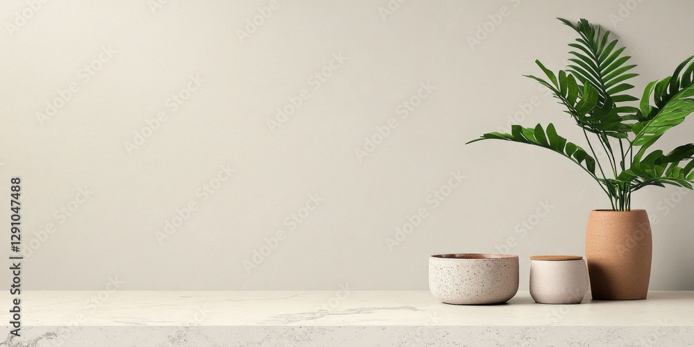Poster a minimalistic display features potted plants on a smooth stone surface, creating a serene atmospher