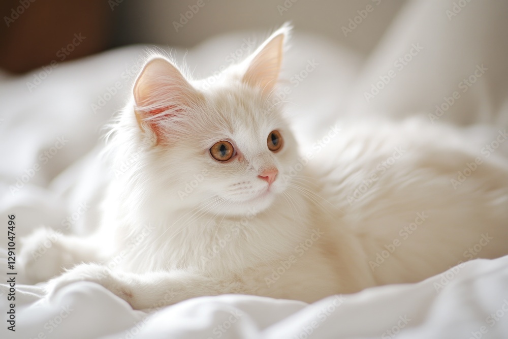 Poster a white cat lying down on the edge of a bed, possibly sleeping or resting