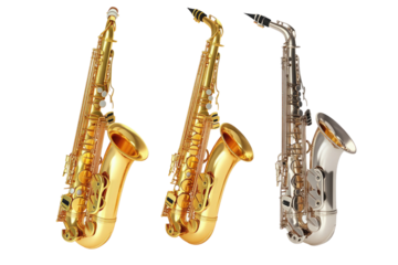 Different types of saxophones in shiny gold and silver finishes on a white background