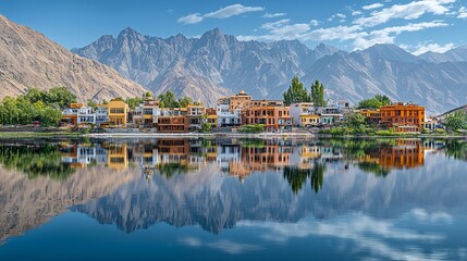 Fototapeta premium Mountain lake town reflection, serene landscape, tourism postcard