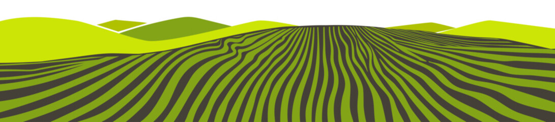 Green grass field on small hills. Meadow, alkali, lye, grassland, pommel, lea, pasturage, farm. Rural scenery landscape panorama of countryside pastures. Vector sketch line illustration