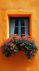 Orange wall with a blue-framed window and colorful flower box