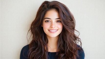 Naklejka premium Smiling woman, brown hair, studio portrait, beige background, for beauty ads
