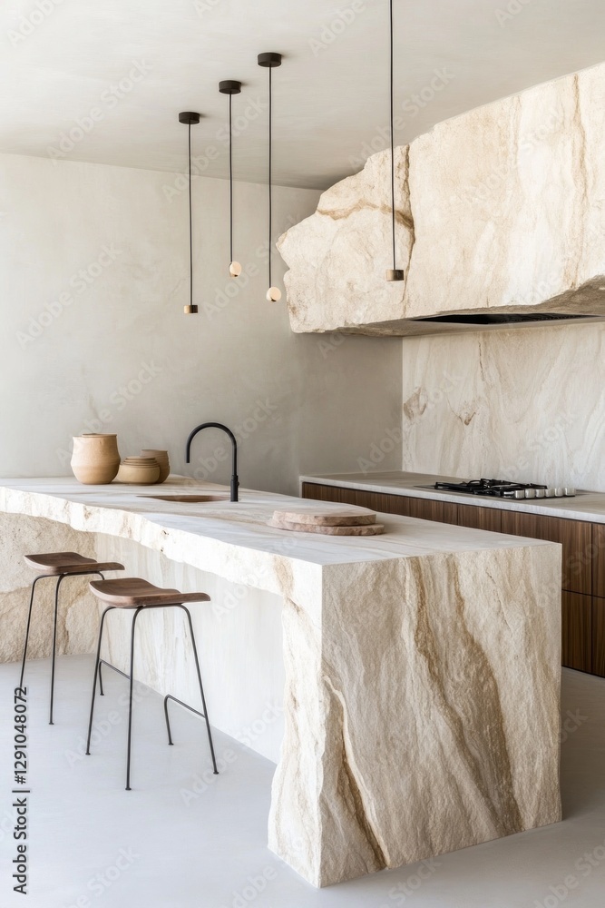 Poster this modern kitchen showcases a unique blend of natural stone and minimalist style, creating an invi