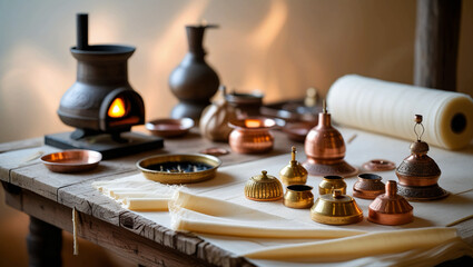 Tools for creating stamped batik include a table, a furnace for heating wax, mori cloth and copper or brass moulds.