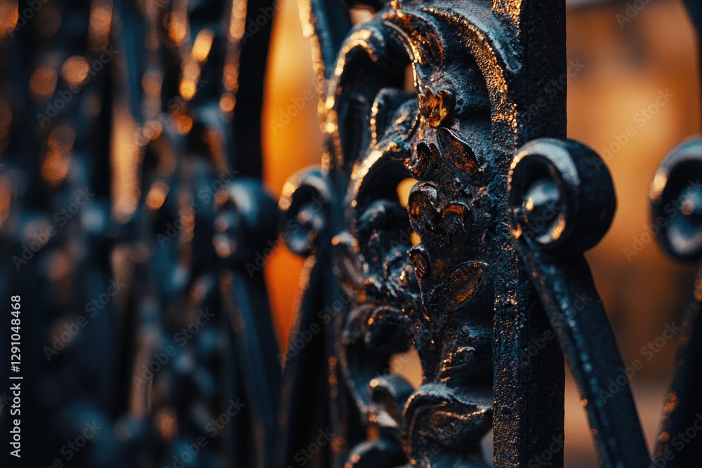 Poster a detailed view of ornate wrought iron fencing with intricate design and texture
