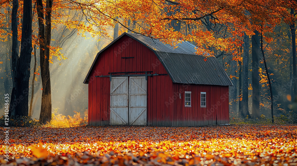 Poster rustic red barn surrounded by vibrant autumn foliage, with sunlight filtering through trees, creatin