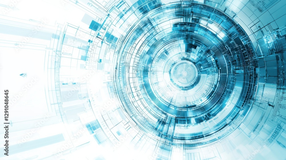 Poster abstract digital design featuring concentric circles and a blue color palette, evoking a sense of te