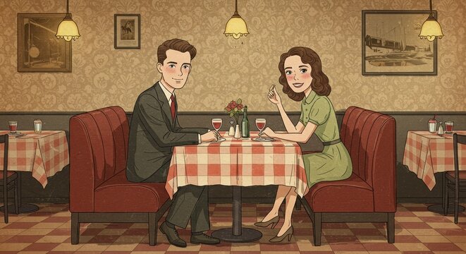 Vintage Illustration of a Couple Dining in Retro Restaurant Setting with Warm Ambiance