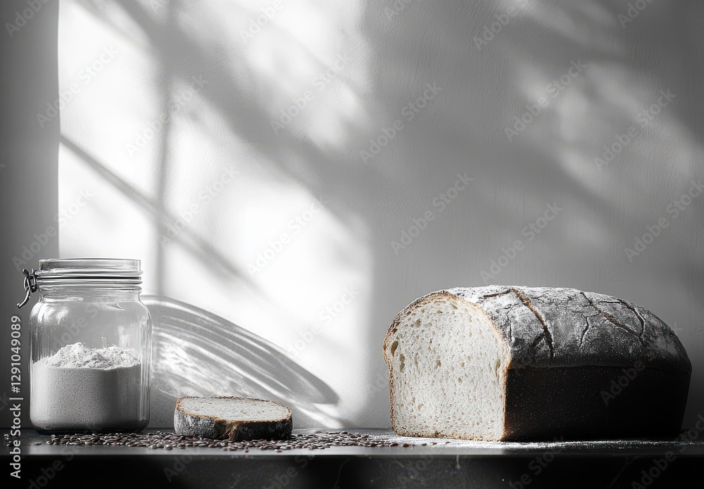 Aufkleber rustic freshly baked bread on a dark surface with flour jar and soft shadows creating an elegant kit